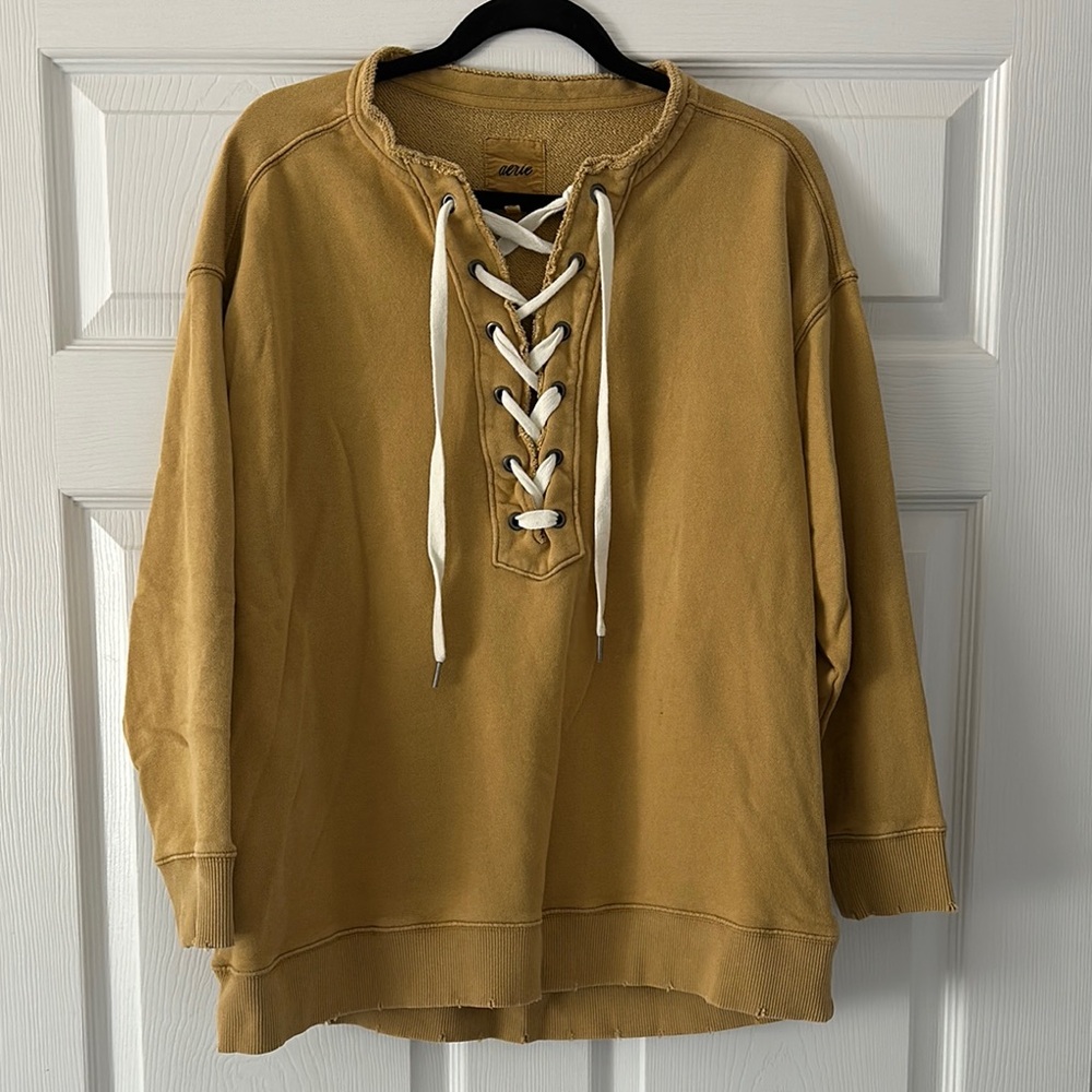 Aerie Gold Tan Crew Neck Sweater with Lace-Up Front